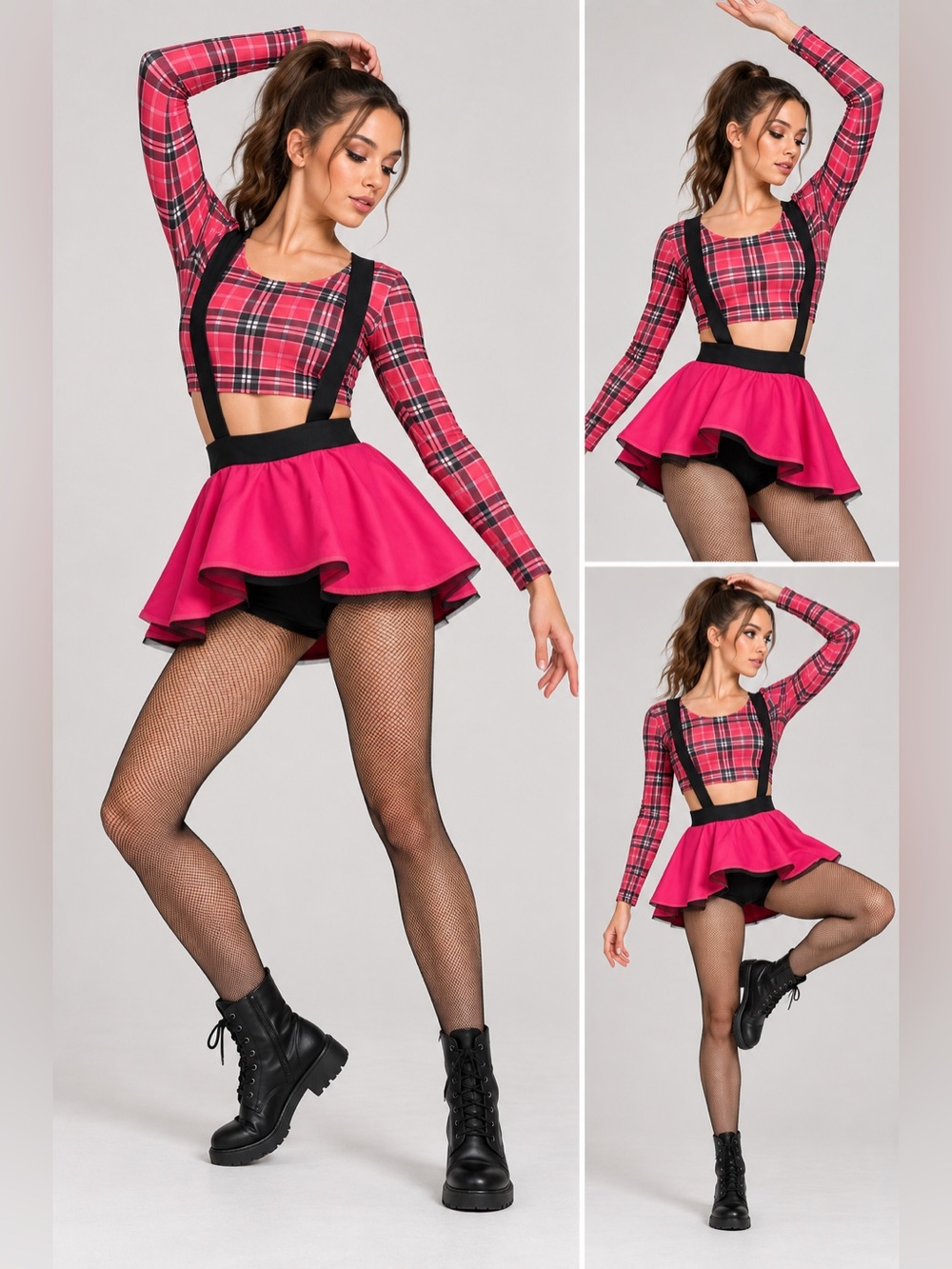 Kelle solo leotard peplum skirt plaid hot pink suspenders SA-Small adult